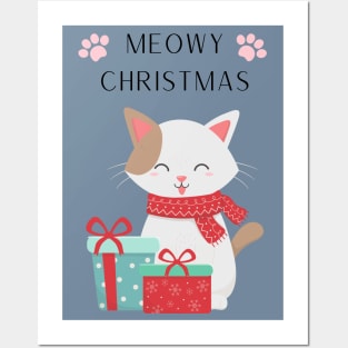 Cute white cat with gifts illustration with quote Meowy Christmas Posters and Art